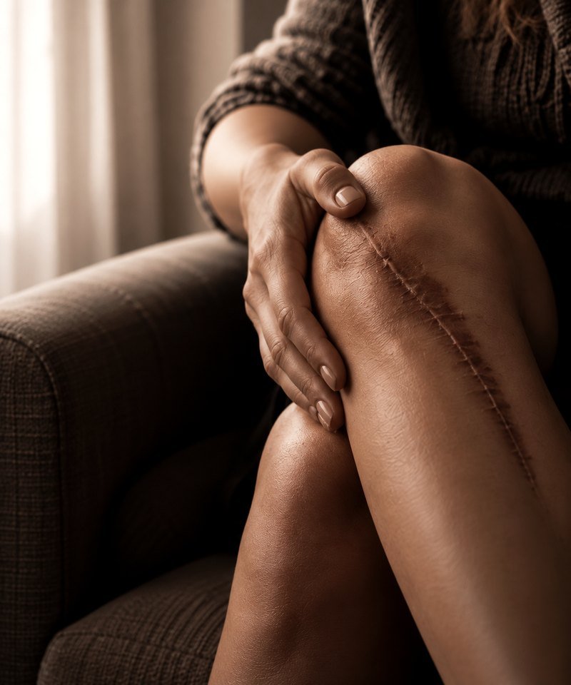 Pessoa sentada com a mão apoiada sobre o joelho, onde há uma cicatriz.